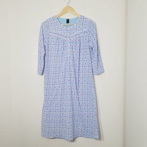 George Full Length Fleece Nightgown Sleepwear 3/4 Sleeve Blue Floral Womens S